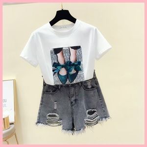 Blue Shoes Bow Print White Tee Youth Medium New